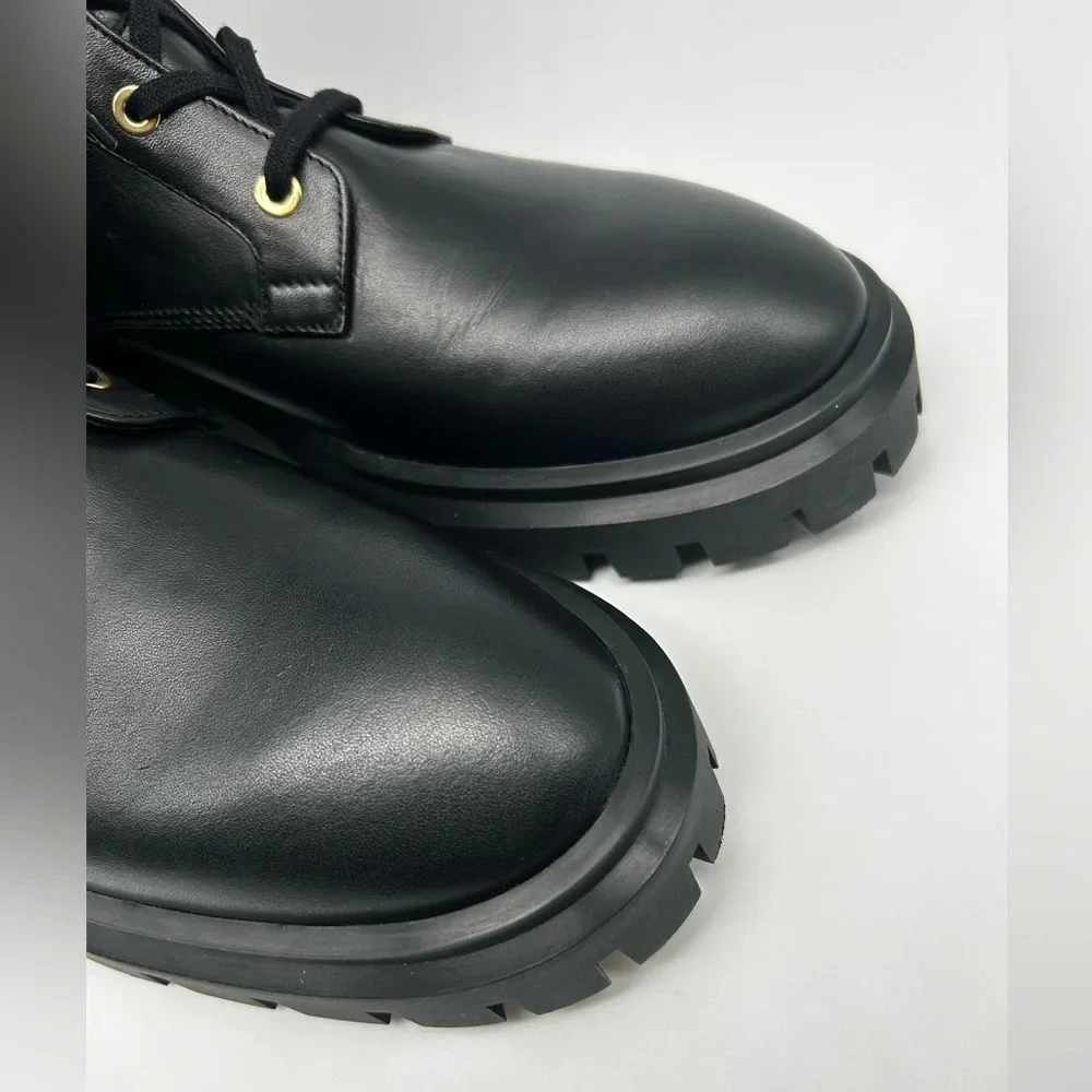 Stuart Weitzman Ultra Lug Black Combat boots Gold Buckles  size 10.5  new